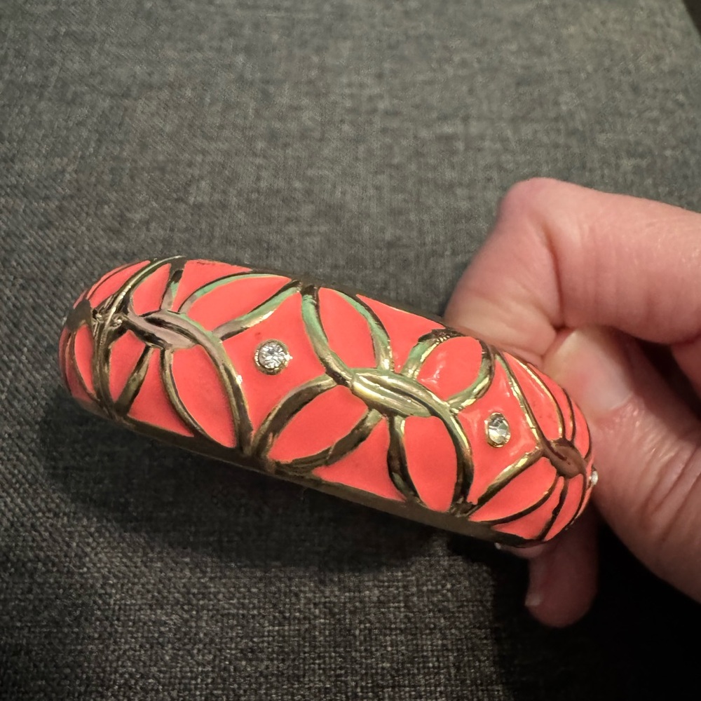 Gold and Coral Enamel Bracelet Costume Jewelry - Picture 4 of 5